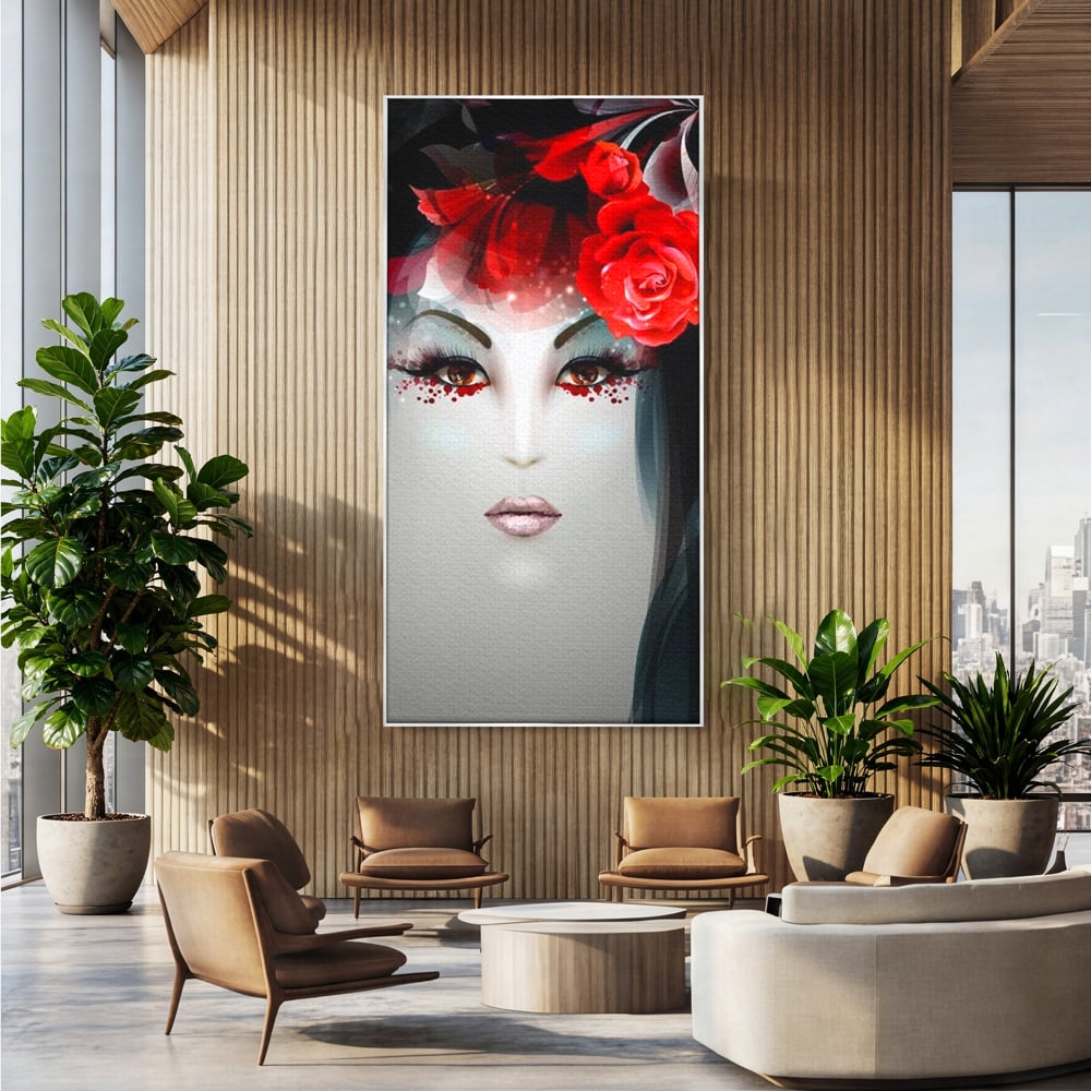 Tablou canvas cu tablou portret feminin cu trandafiri rosii, in rama de aluminiu argintiu, pe perete intr-un birou